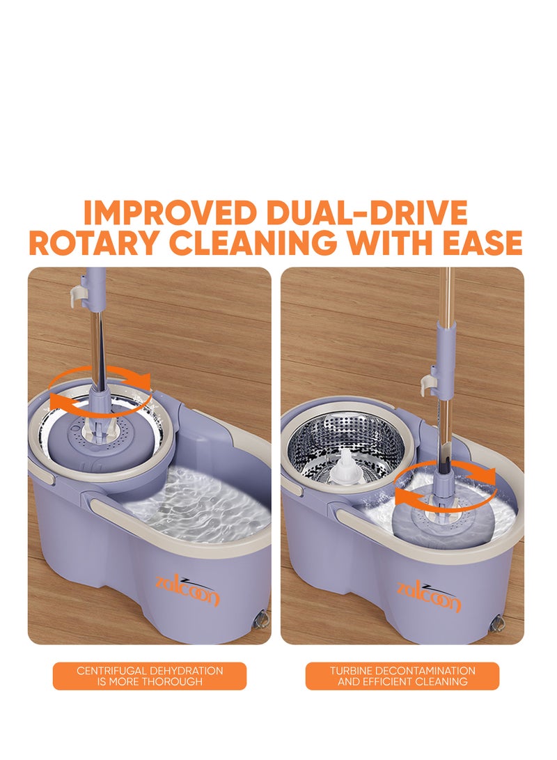 Zalcoon Spin Mop and Bucket with Wringer Set, 360° Spinning Mop and Bucket System with 2 Replacement Heads, Stainless Steel Adjustable Handle and Scrub Brush for Floor Cleaning (Grey) - Image 4